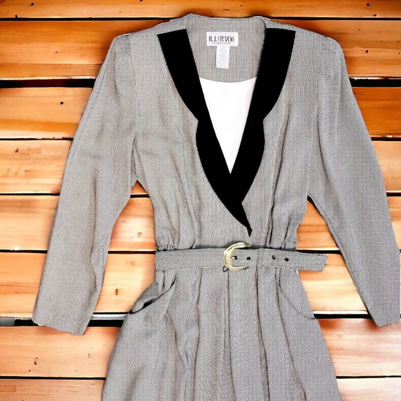 Vintage '80s R.J. Stevens by Carol Escritor Sz 12 Black/White Herringbone Dress - Picture 1 of 10
